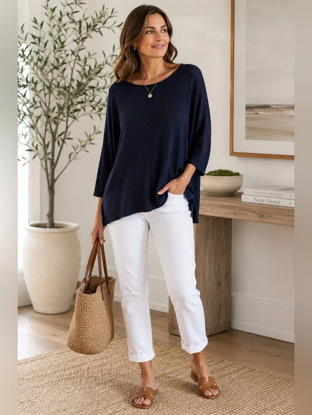 Magaschoni 100% Linen Navy Blue Tunic Sweater Women’s Small Lightweight Knit Top
